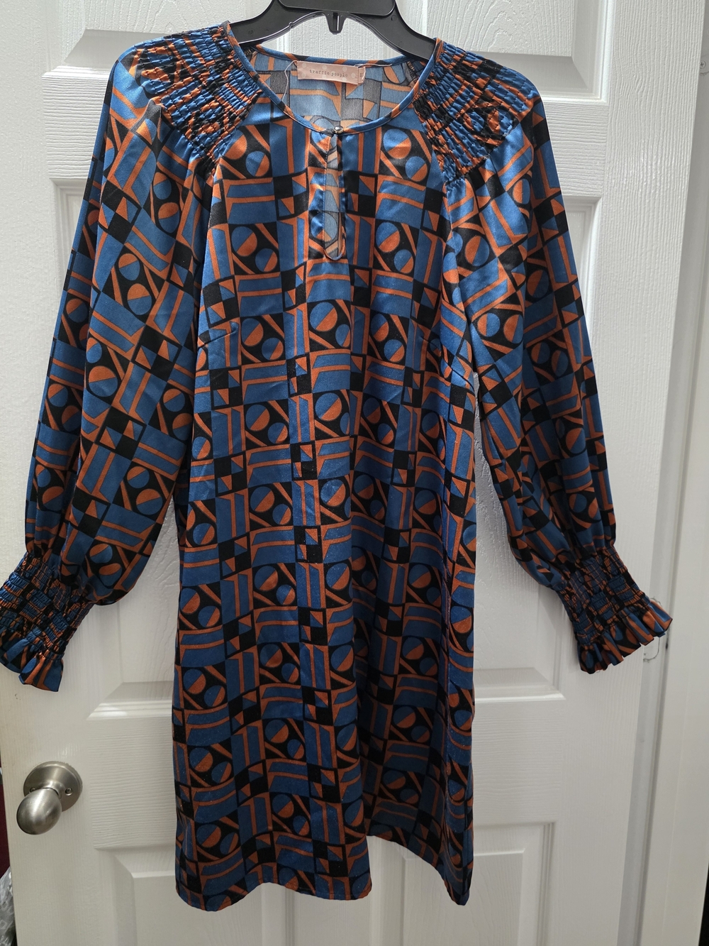 Traffic People Blue and Orange Geometric Long Sleeve Shift Dress